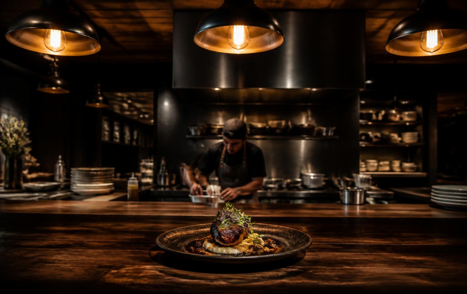 Ember & Oak dining room with a plated dish on a walnut chef's counter